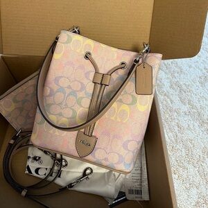 Coach Pastel Rainbow Monogram Drawstring Bucket Bag